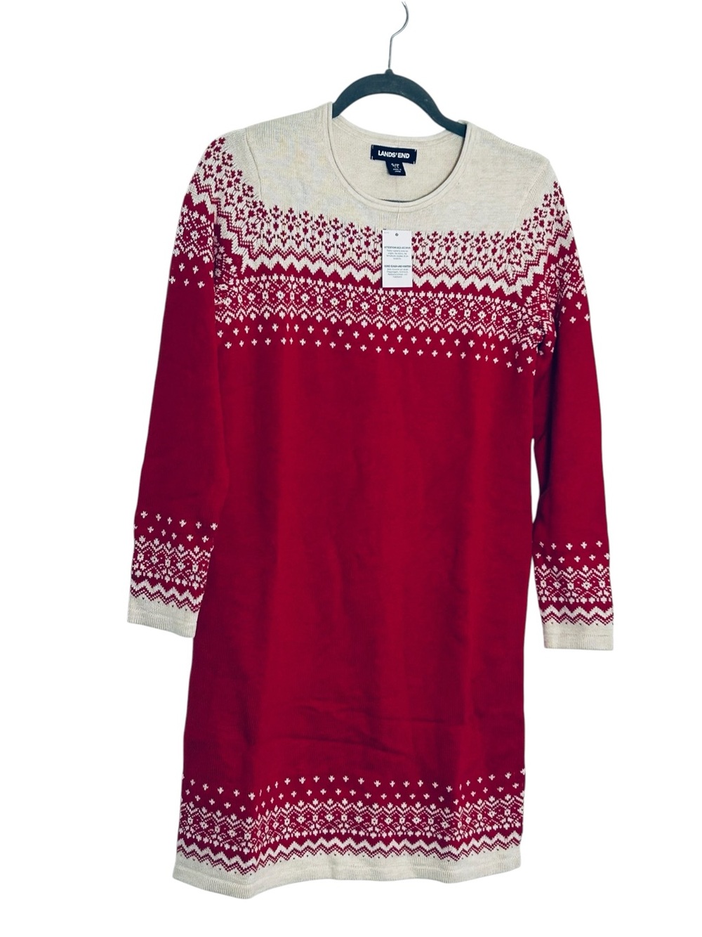 Lands’ End Fair Isle Sweater Dress Petite Small 6-8 Red Ivory Christmas Nordic